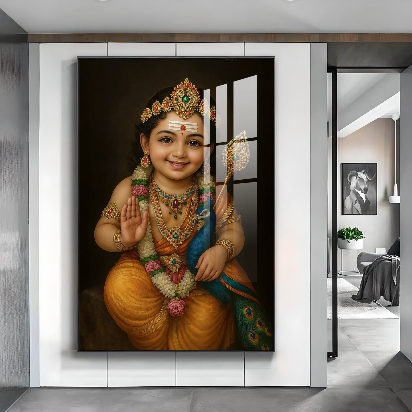 Lord kartikeya Swamy Glass Finish Vertical Wall Art