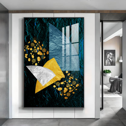 Golden Azure Symphony Glass Finish Vertical Wall Art