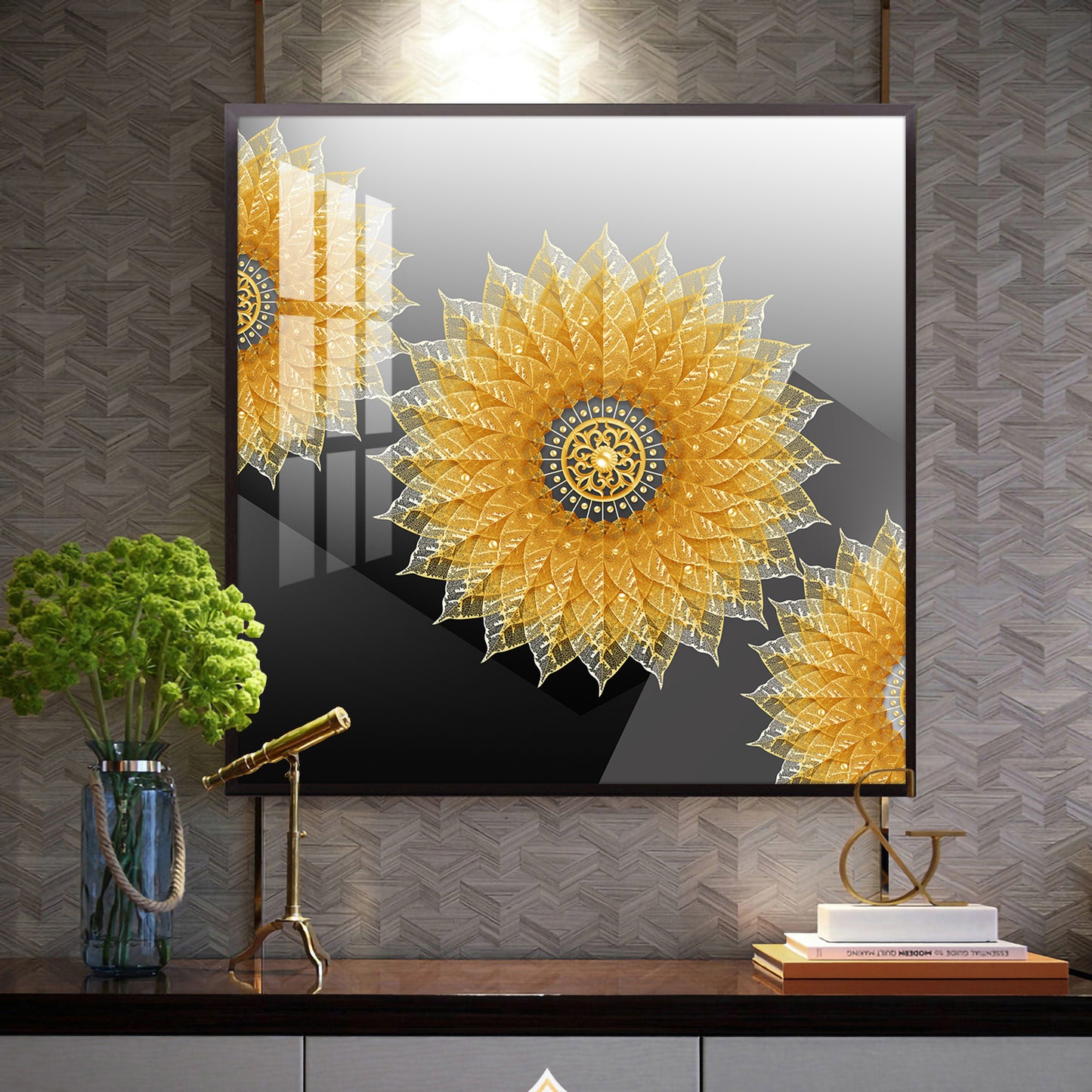 Golden Bloom Glass Finish Square Wall Art