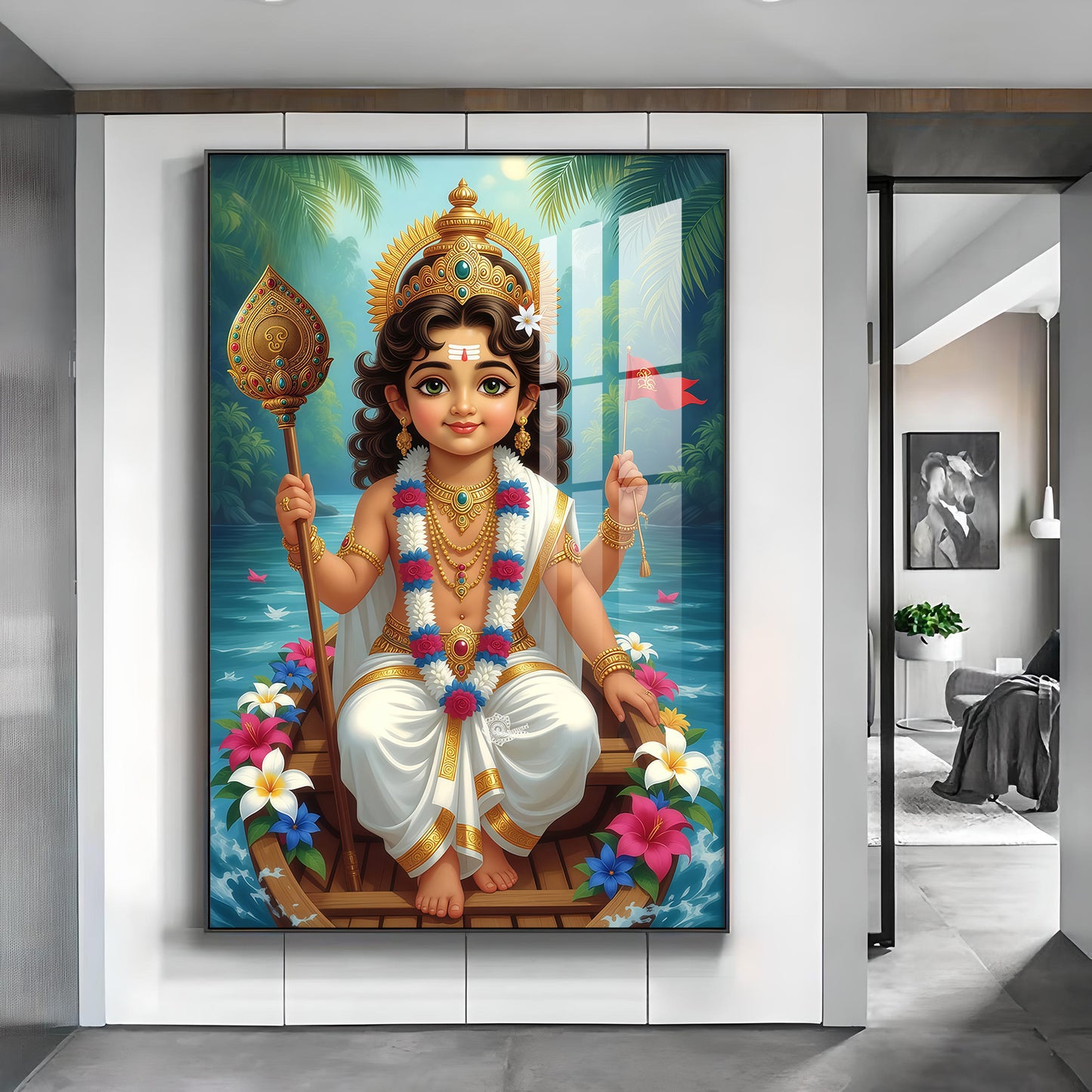 Hindu Lord Kartikeya Ji Glass Finish Vertical Wall Art