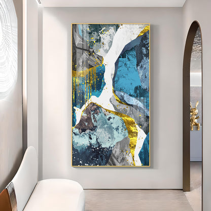 Gold and Blue Abstraction Glass Finish Vertical Wall Art