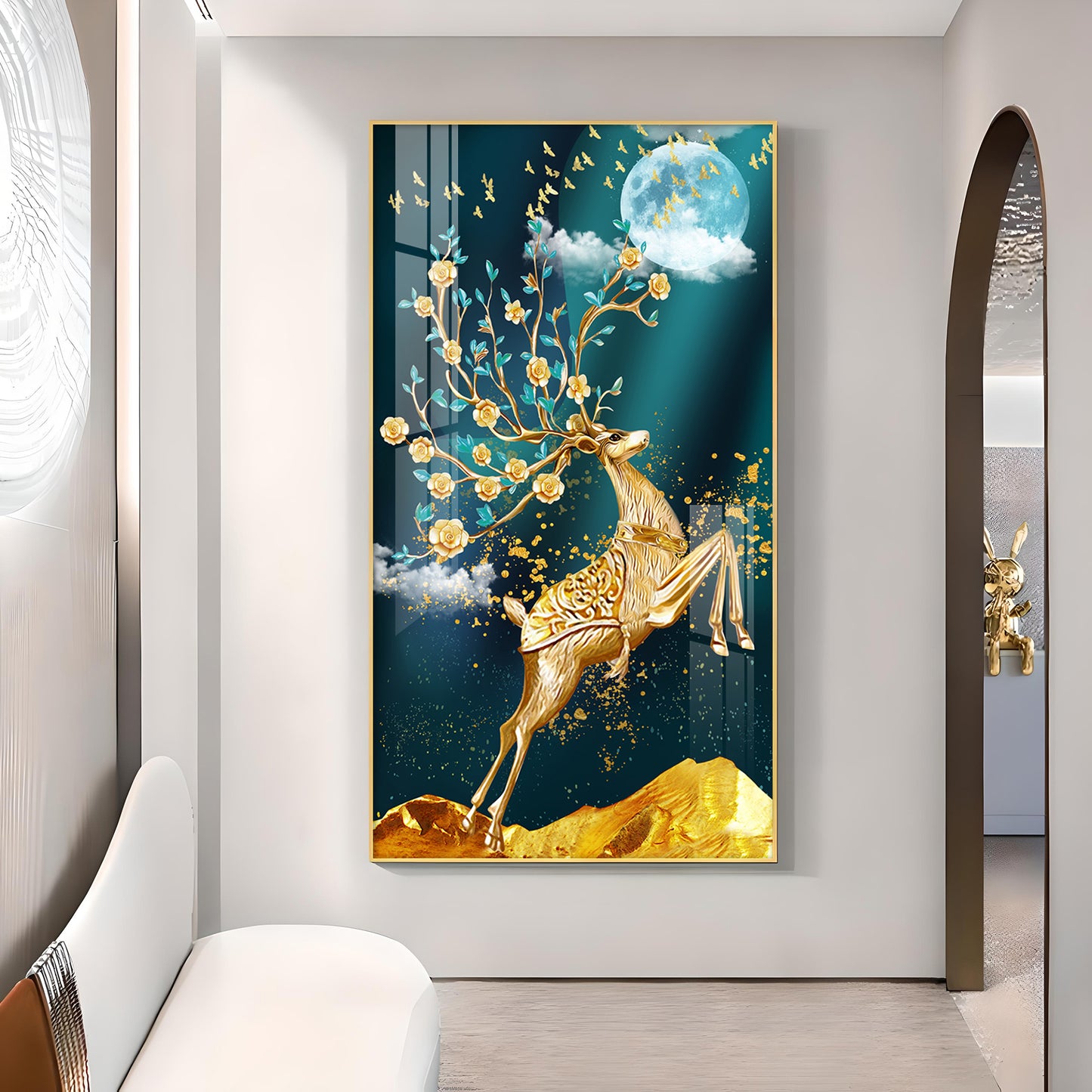 Golden Antlers and Blossoms Glass Finish Vertical Wall Art