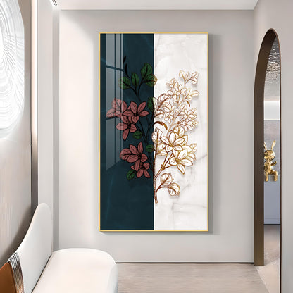 Dual Floral Marble Glass Finish Vertical Wall Art