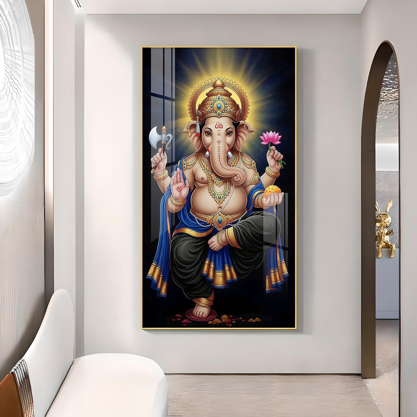 Om Gan Ganpataye Glass Finish Vertical Wall Art