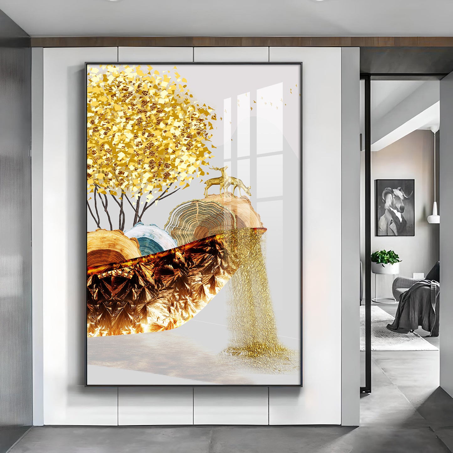 Golden Serenity Glass Finish Vertical Wall Art