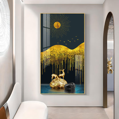 Golden Deer Essence Glass Finish Vertical Wall Art