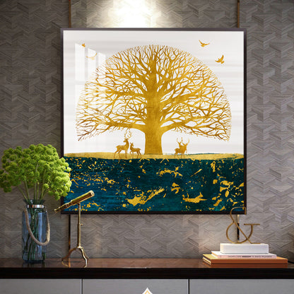 Portrait of Deer and Tree Glass Finish Square Wall Art