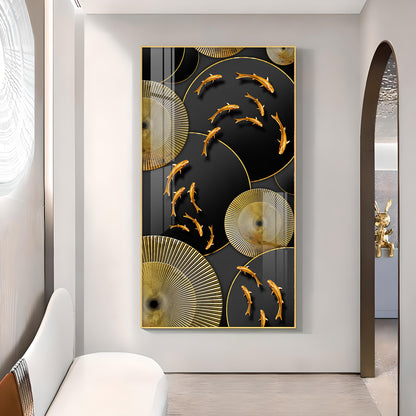 Goldfish Elegance Glass Finish Vertical Wall Art