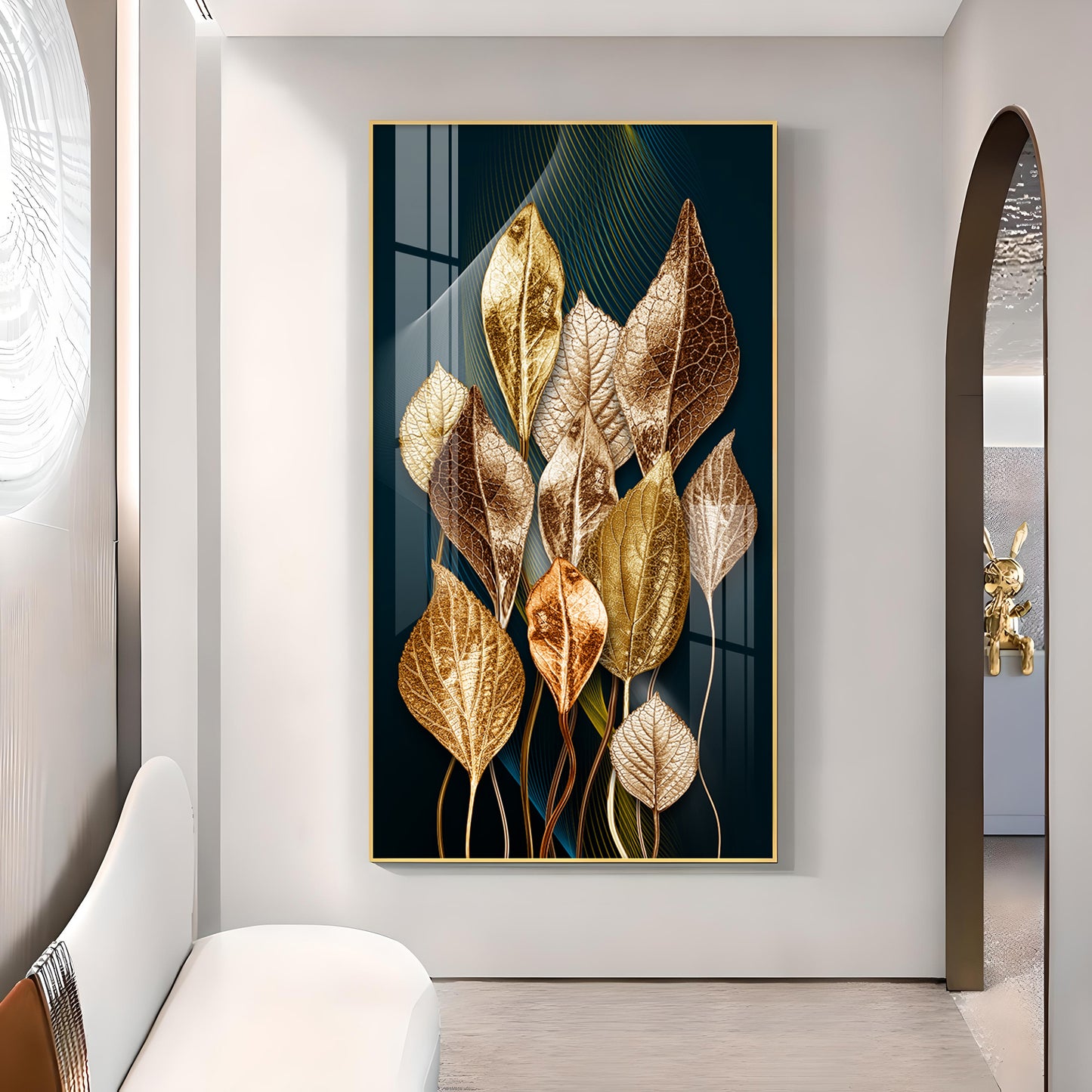 Golden Leafy Luxe Glass Finish Vertical Wall Art