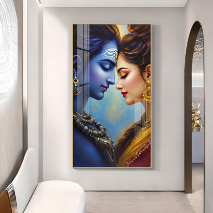 Lord Shiva and Goddess Parvati Glass Finish Vertical Wall Art
