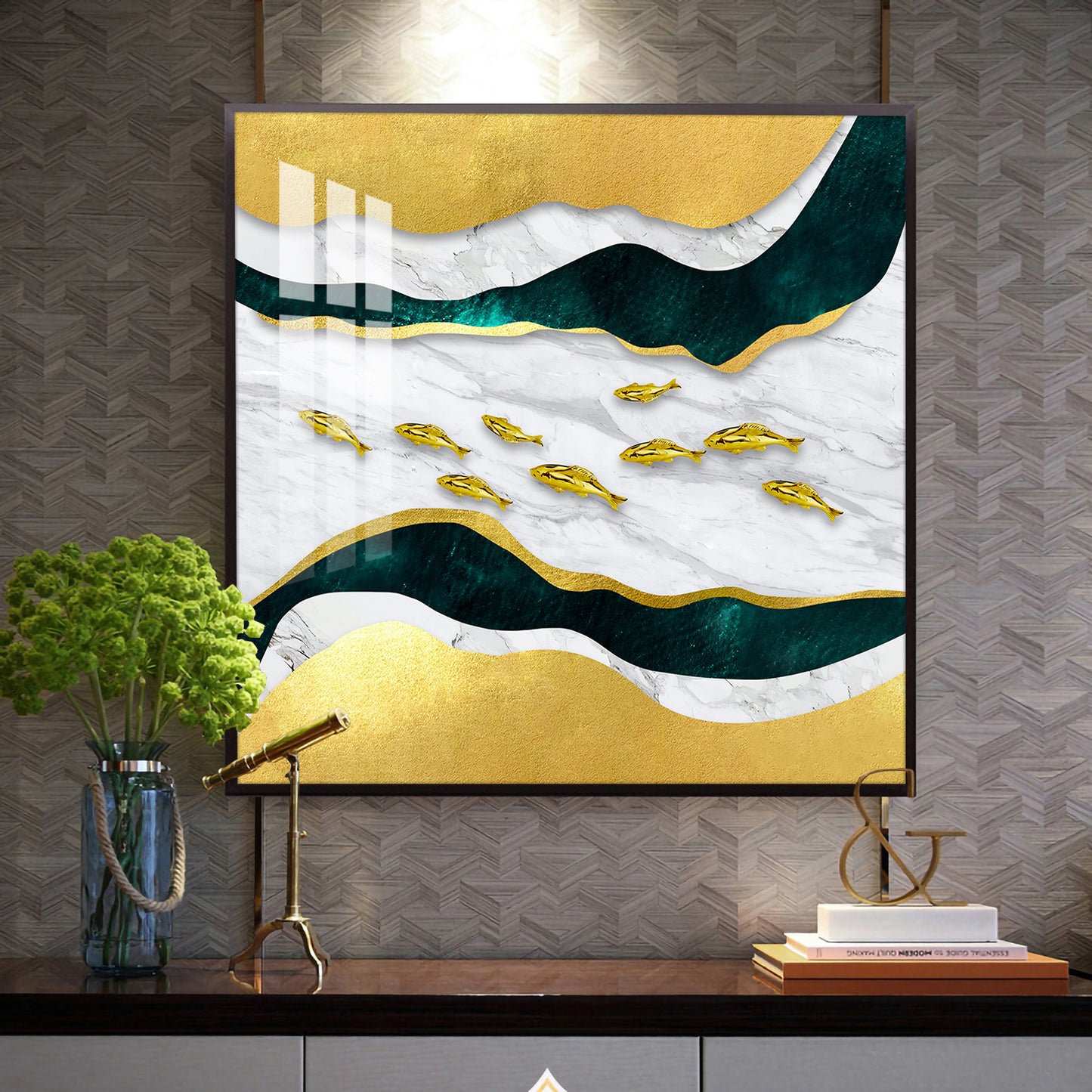 Golden Abstraction Of Fishes Glass Finish Square Wall Art