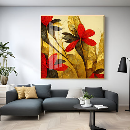 Scarlet Bloom Glass Finish Square Wall Art