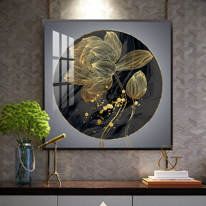 Golden Petal Grandeur Glass Finish Square Wall Art