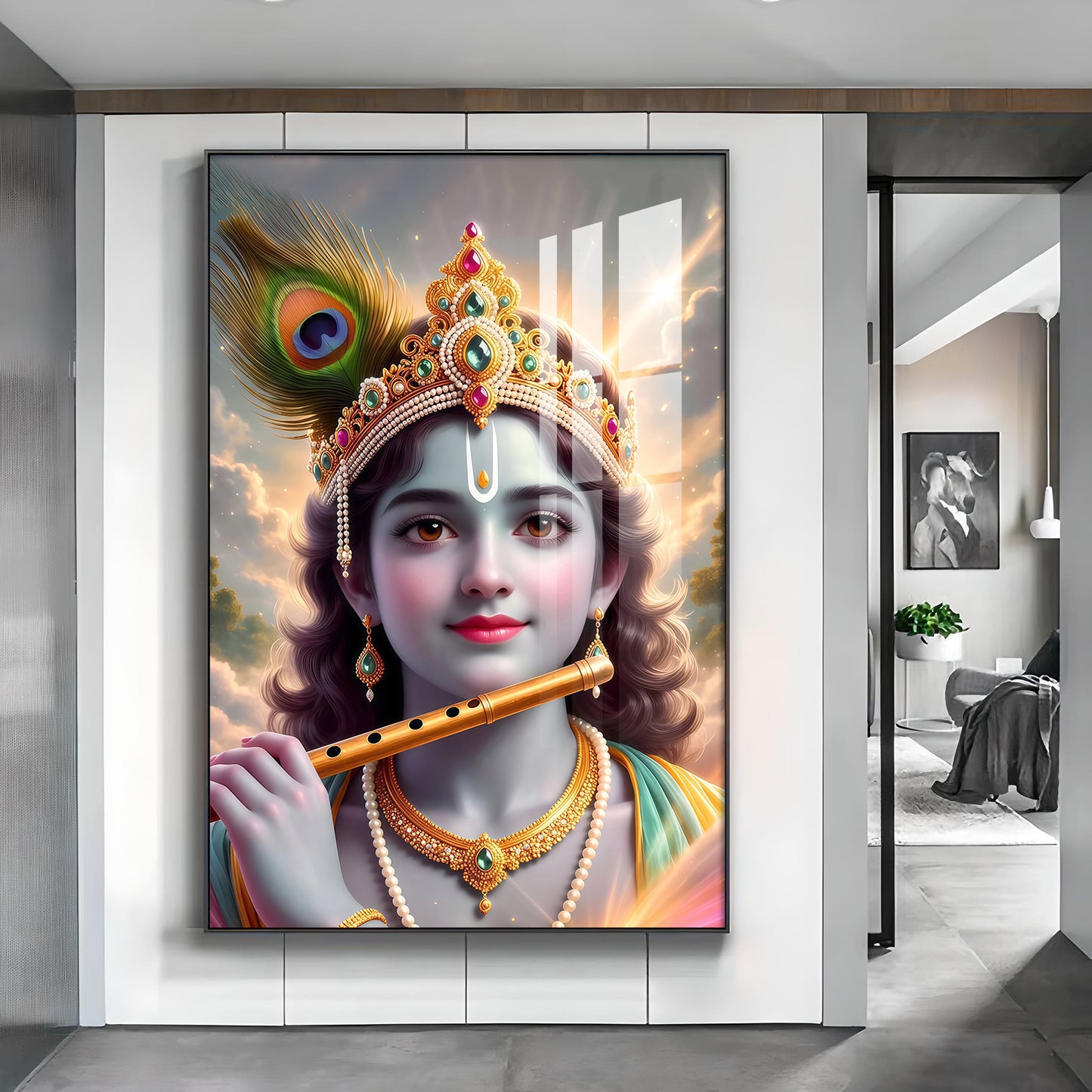 Shri Krishna Ji With Flute Glass Finish Vertical Wall Art