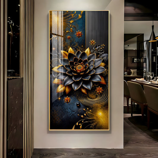 Surreal Black Flower Glass Finish Vertical Wall Art