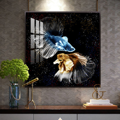 Obsidian Two Fishes Glass Finish Square Wall Art