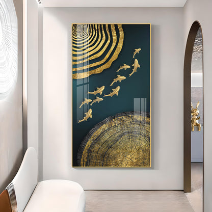 Luminous Fish Dance Glass Finish Vertical Wall Art