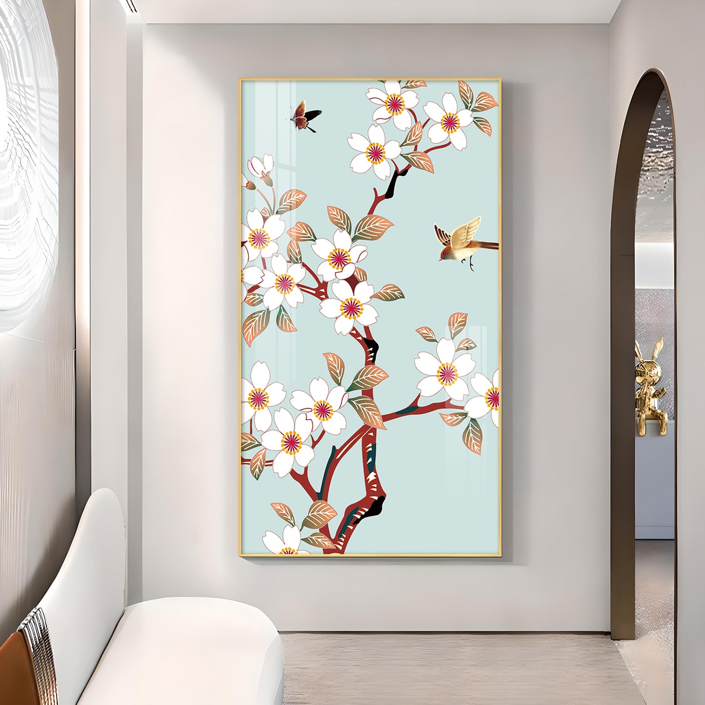 Avian Blossom Glass Finish Vertical Wall Art