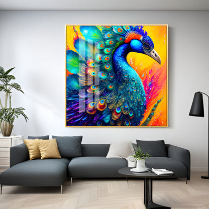 Radiant Peacock Glass Finish Square Wall Art