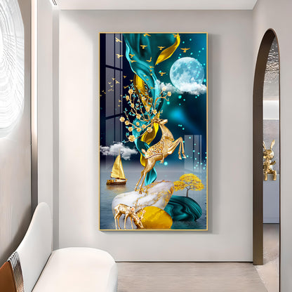 Moonnlit Dancing Deer Glass Finish Vertical Wall Art