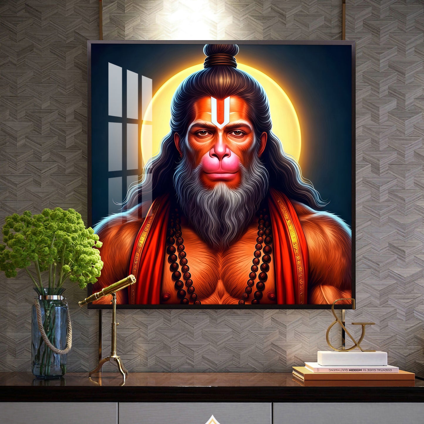Lord Hanuman Glass Finish Square Wall Art