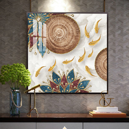 Ivory and Gold Fish Harmony Glass Finish Square Wall Art