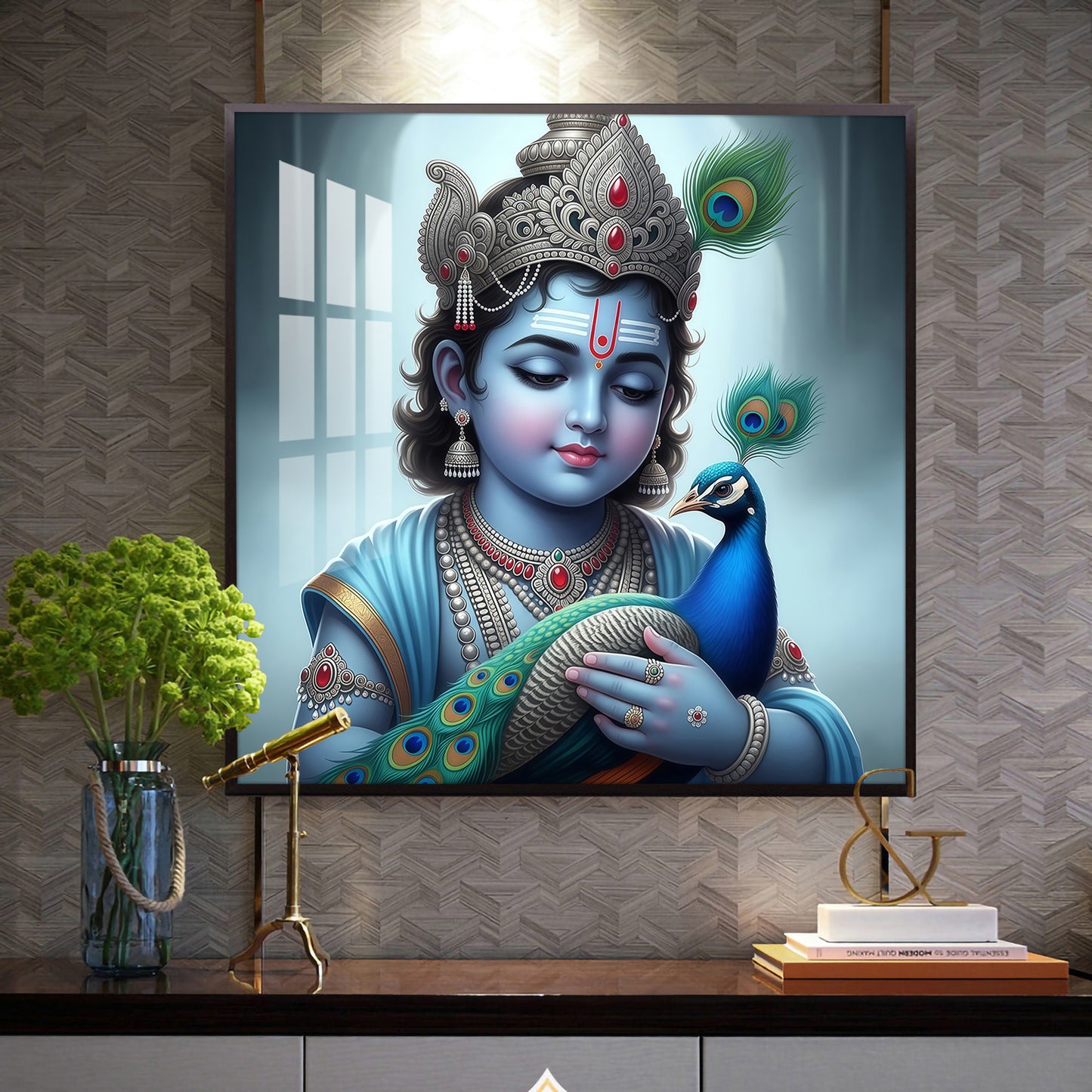 Baby Krishna With Peacock Glass Finish Square Wall Art