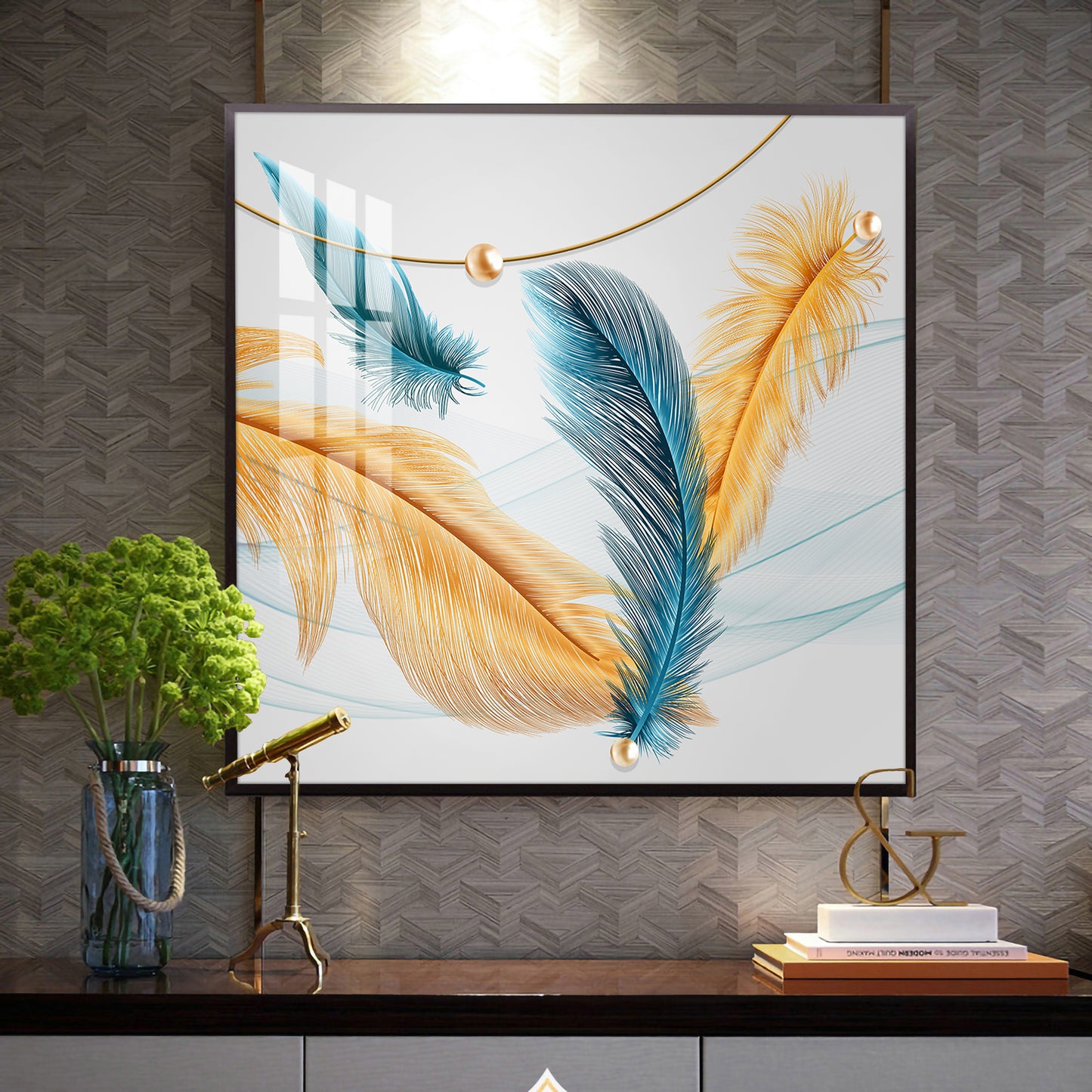 Radiant Blue and Yellow Plume Glass Finish Square Wall Art