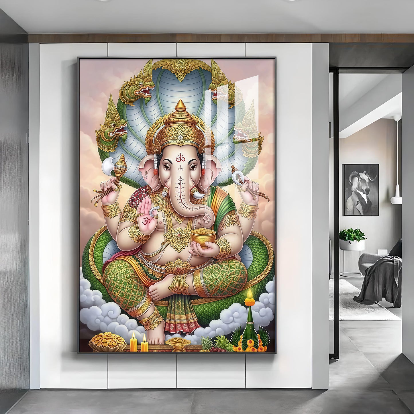 Hindu Lord Ganpati Bappa Glass Finish Vertical Wall Art