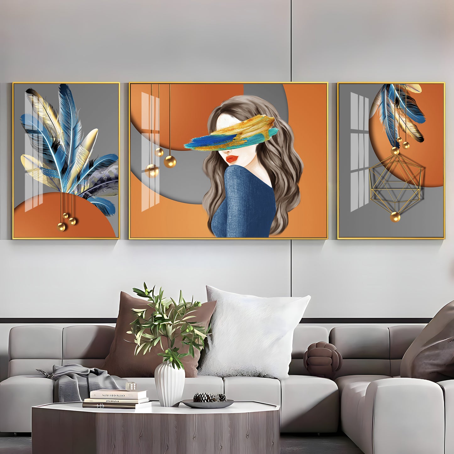 Feather Blindfold Glass Finish Wall Art (Set Of 3)