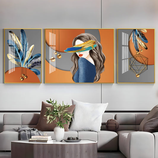 Feather Blindfold Glass Finish Wall Art (Set Of 3)