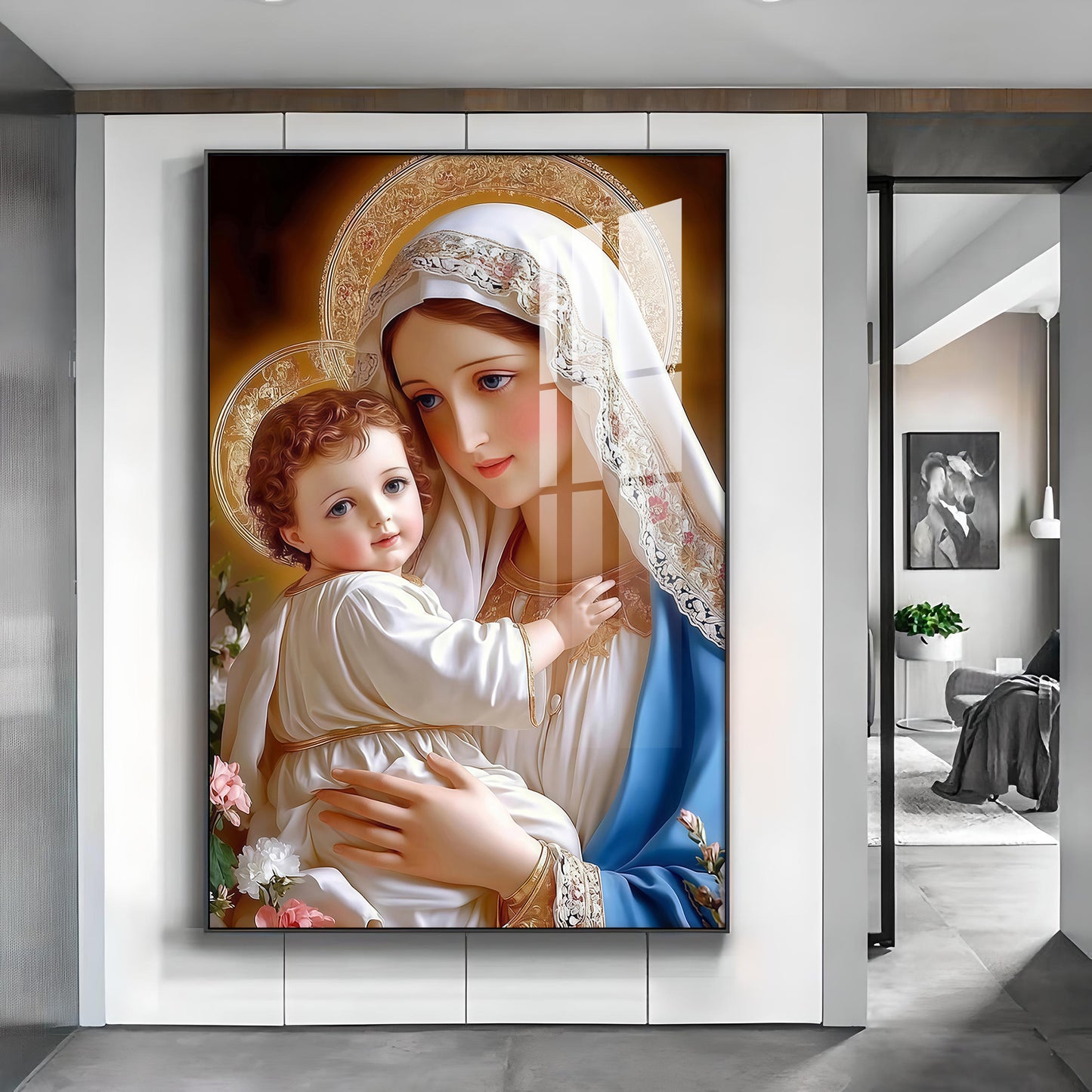 Mother Mary and Child wall art Glass Finish Vertical Wall Art