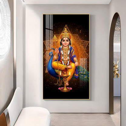 Divine Lord Murugan Ji Glass Finish Vertical Wall Art