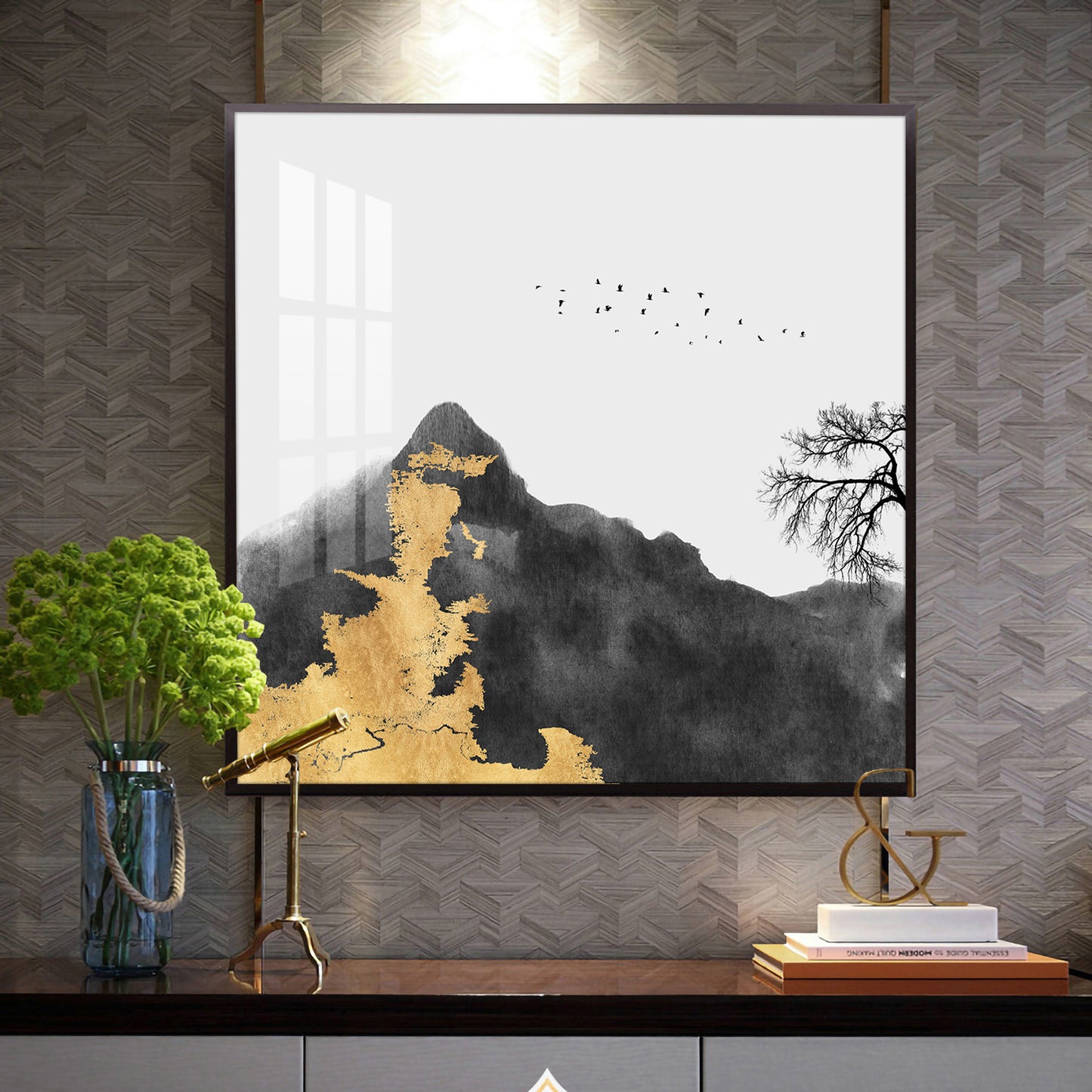 Golden Abyss Glass Finish Square Wall Art