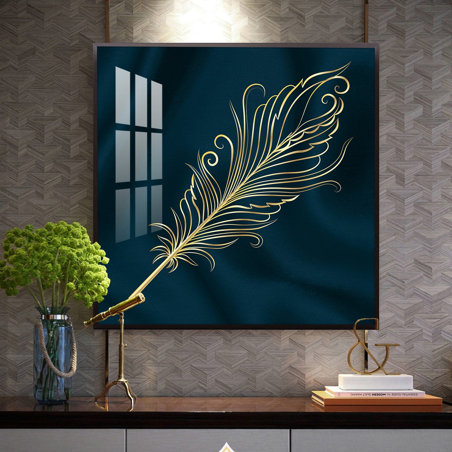 Feather on Azure Glass Finish Square Wall Art