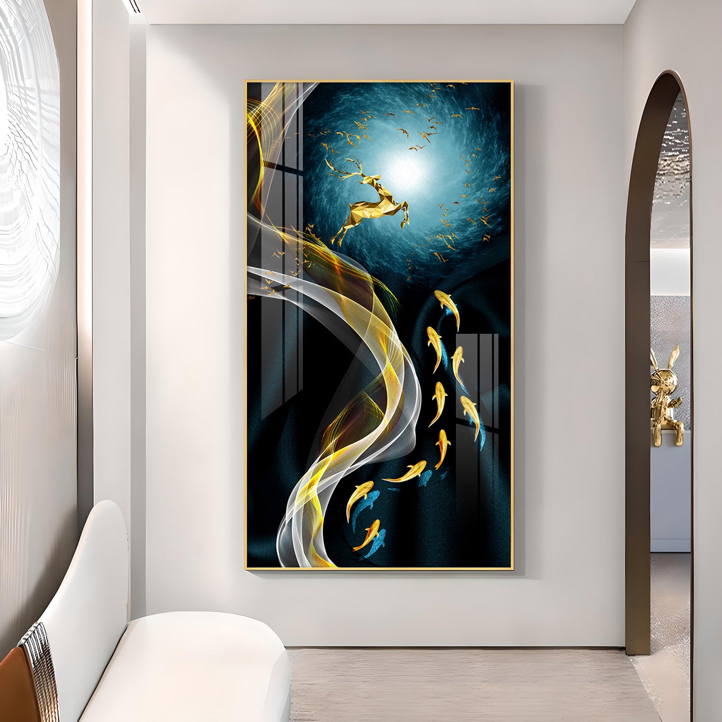 The Golden Swim Glass Finish Vertical Wall Art