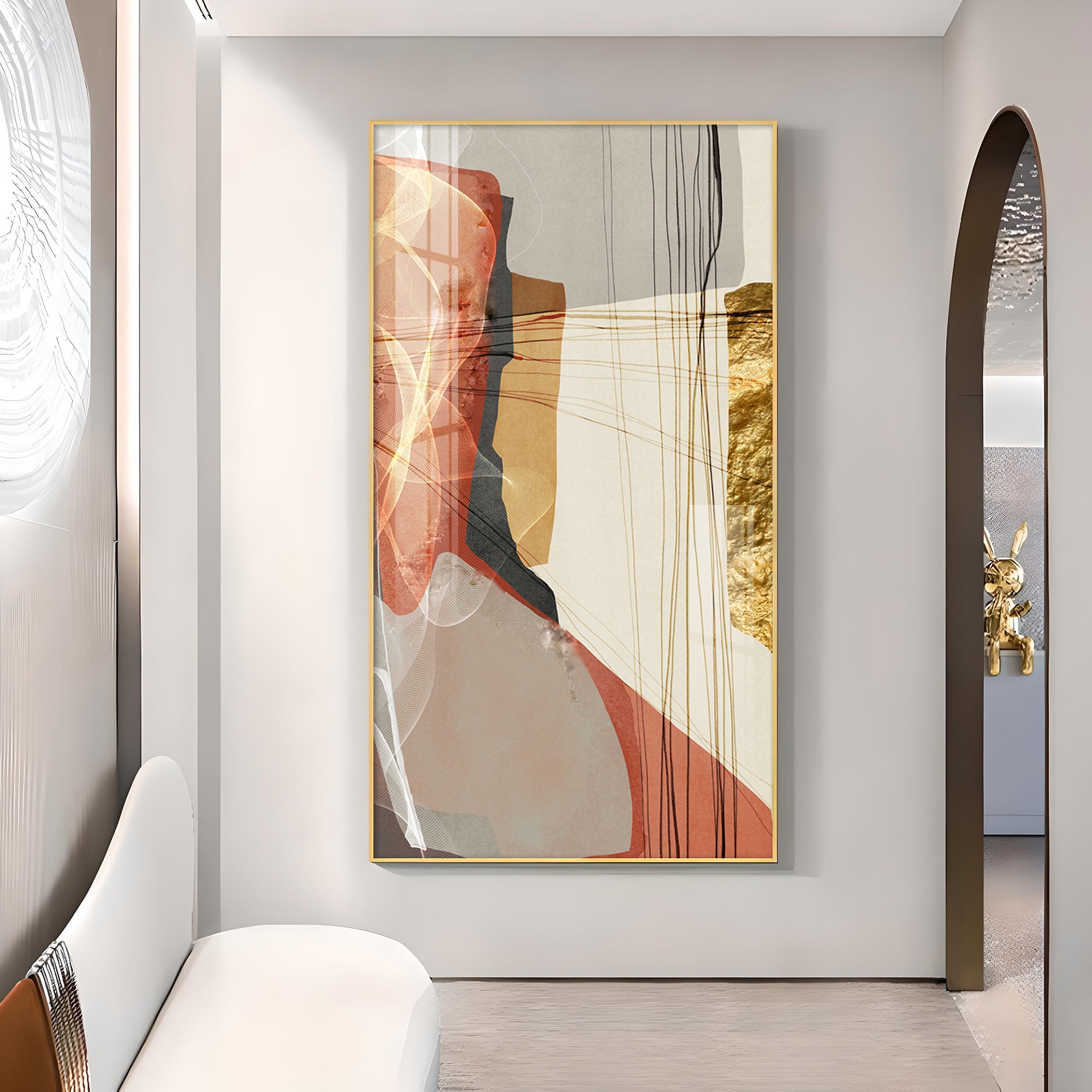 Gold-Red Abstraction Glass Finish Vertical Wall Art