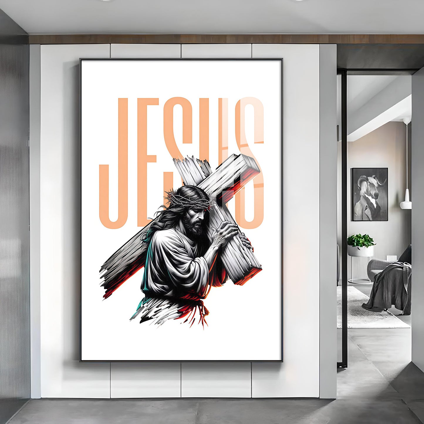 Jesus Christ with Cross Glass Finish Vertical Wall Art