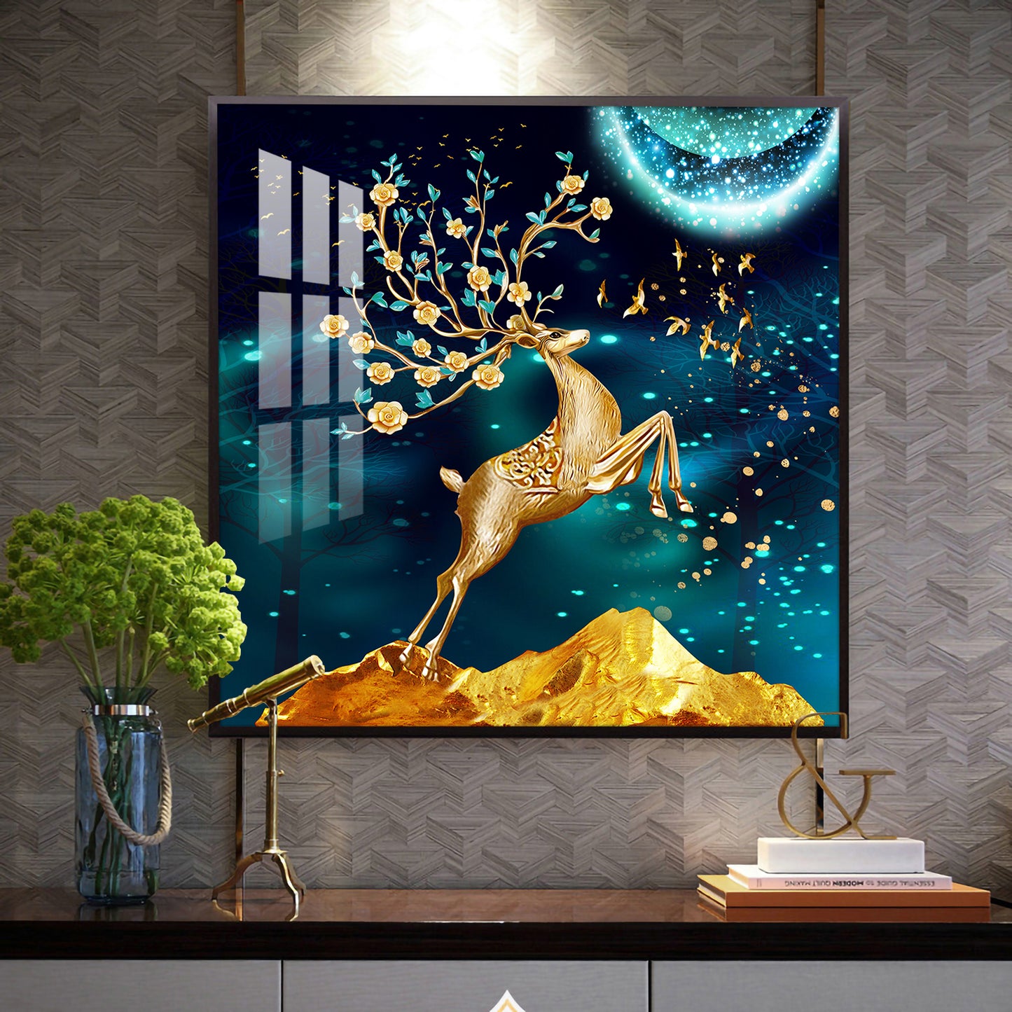 Golden Antlered Beauty Glass Finish Square Wall Art