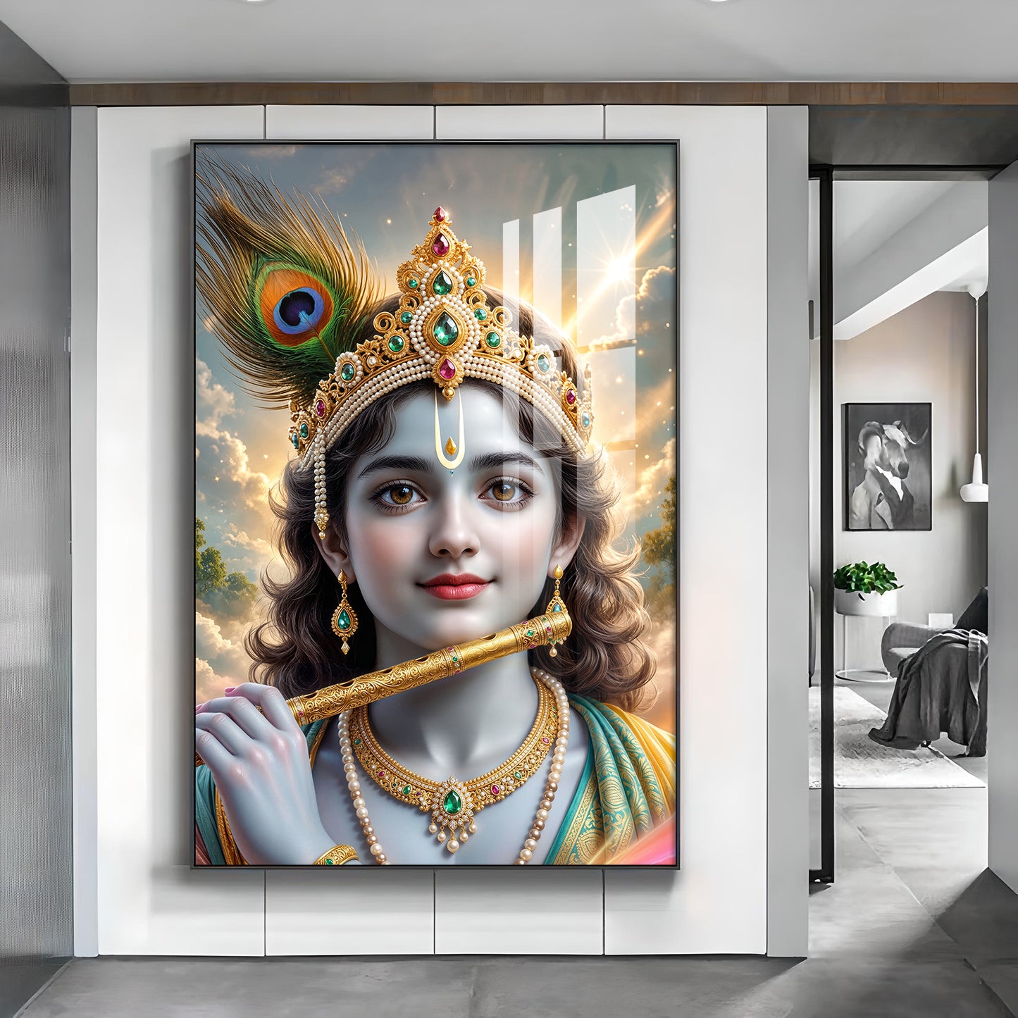Shri Krishna Ji With Flute Glass Finish Vertical Wall Art