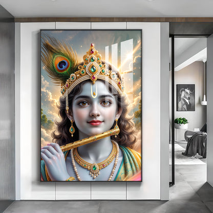 Shri Krishna Ji With Flute Glass Finish Vertical Wall Art