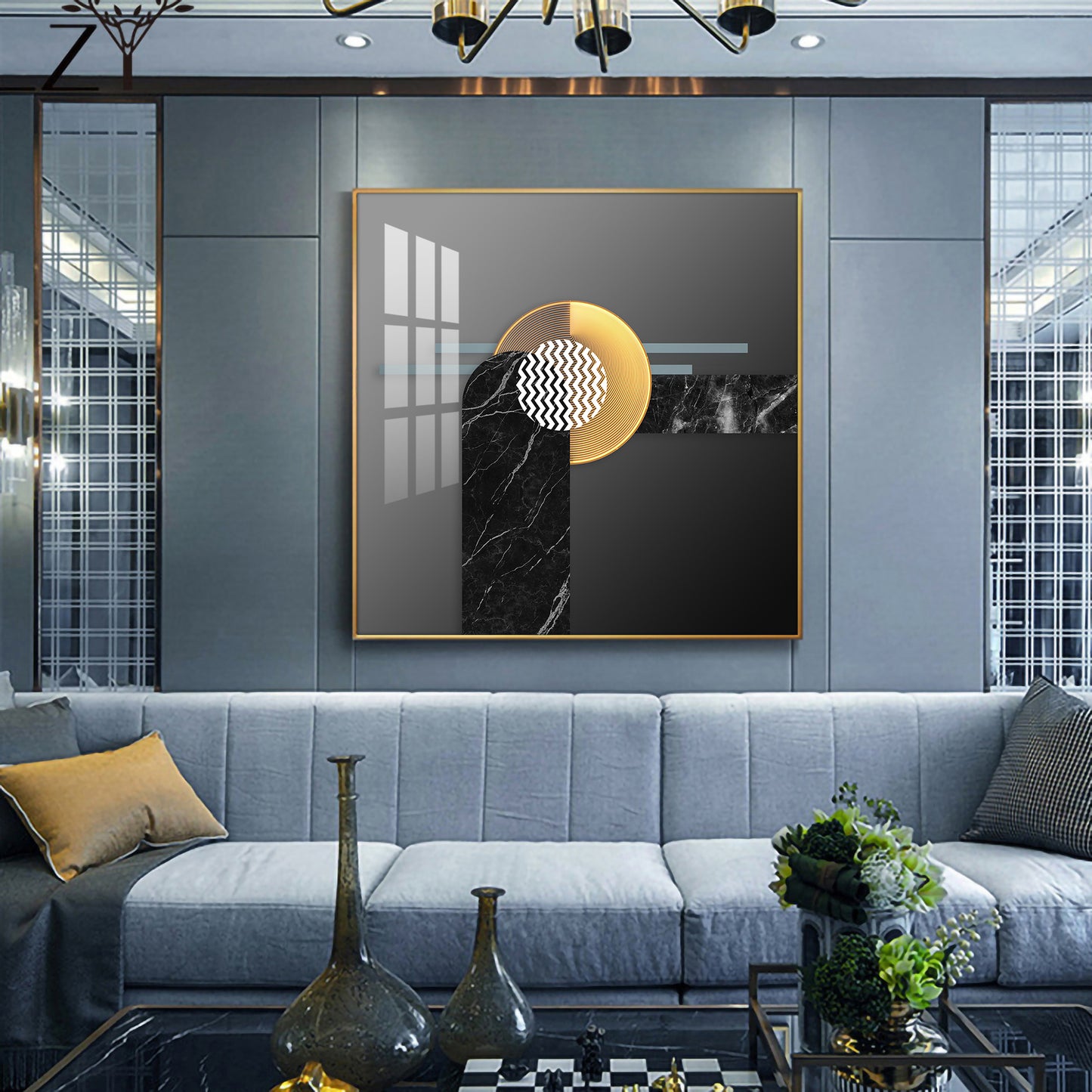 Black and Gold Glass Finish Square Wall Art