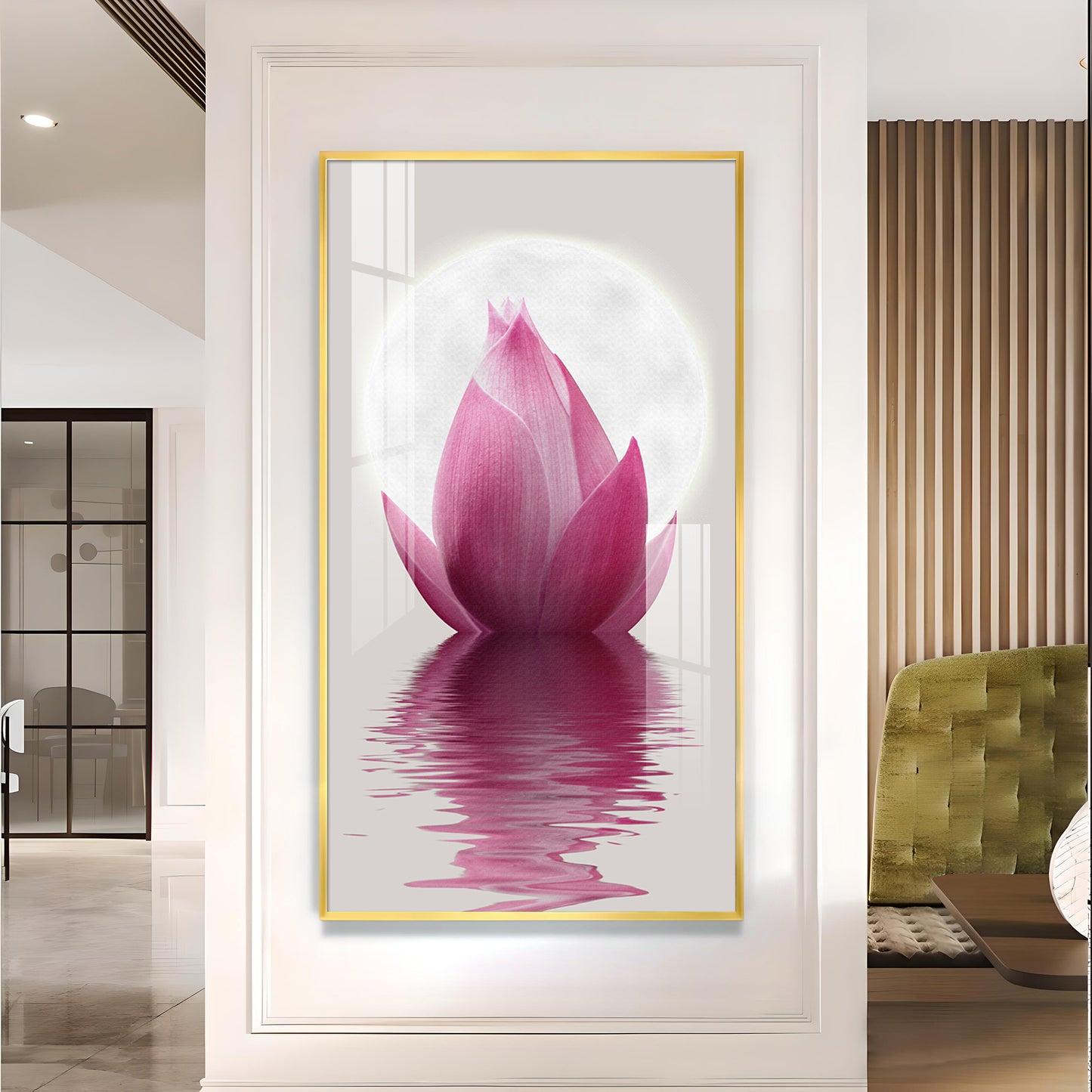 Lunar Lotus Glass Finish Vertical Wall Art