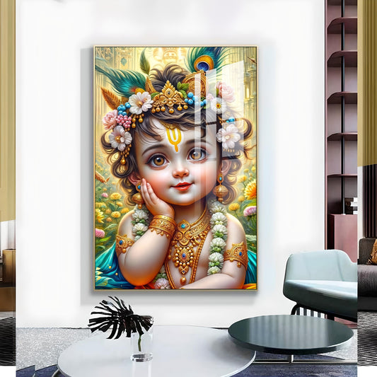 Lord Baby Krishna Glass Finish Vertical Wall Art
