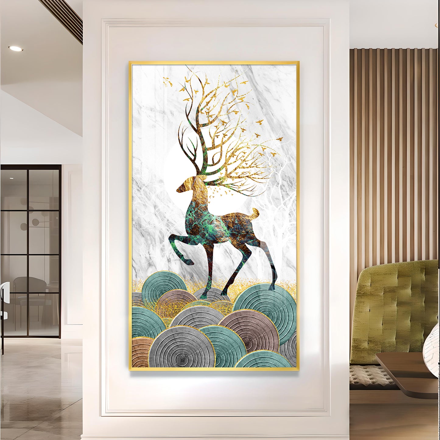 Deer and Its Branches Glass Finish Vertical Wall Art