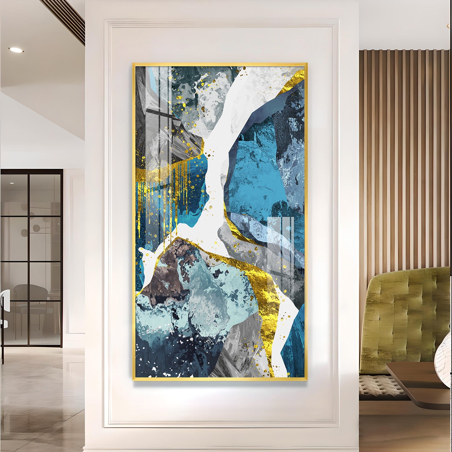 Gold and Blue Abstraction Glass Finish Vertical Wall Art