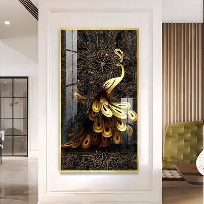 Golden Veil Peacock Glass Finish Vertical Wall Art