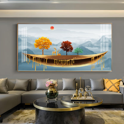 Golden Abstract Landscape Art Colored Line Tree Glass Finish Horizontal Wall Art