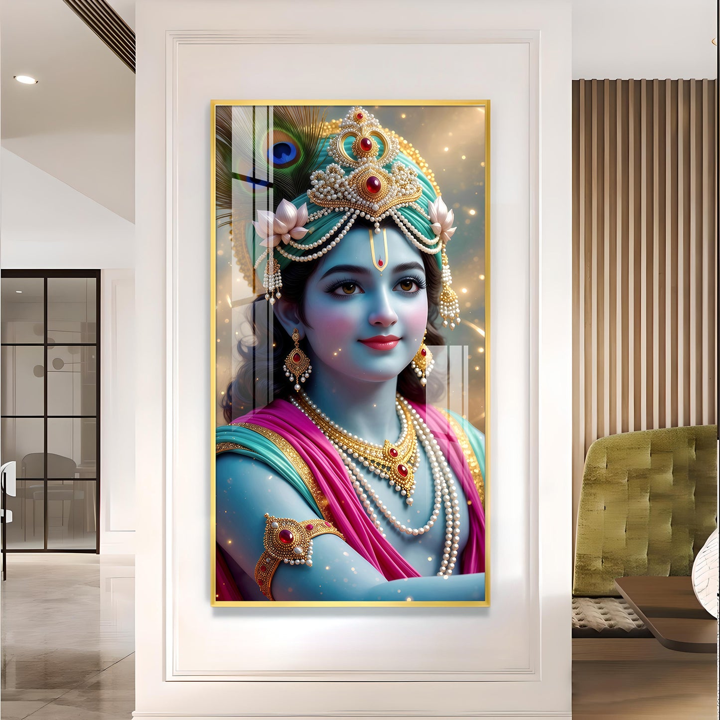 Lord Jai Shri Krishna Glass Finish Vertical Wall Art