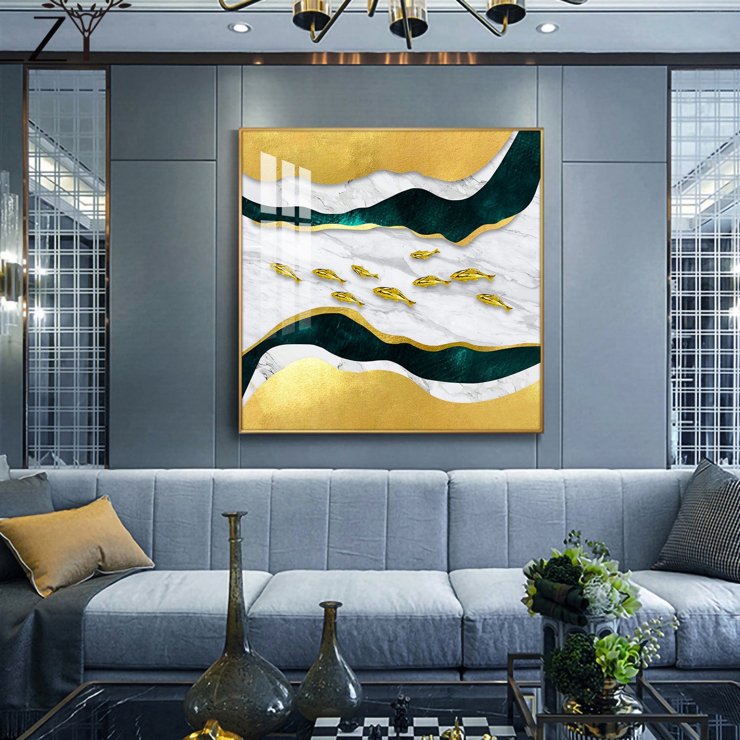 Golden Abstraction Of Fishes Glass Finish Square Wall Art